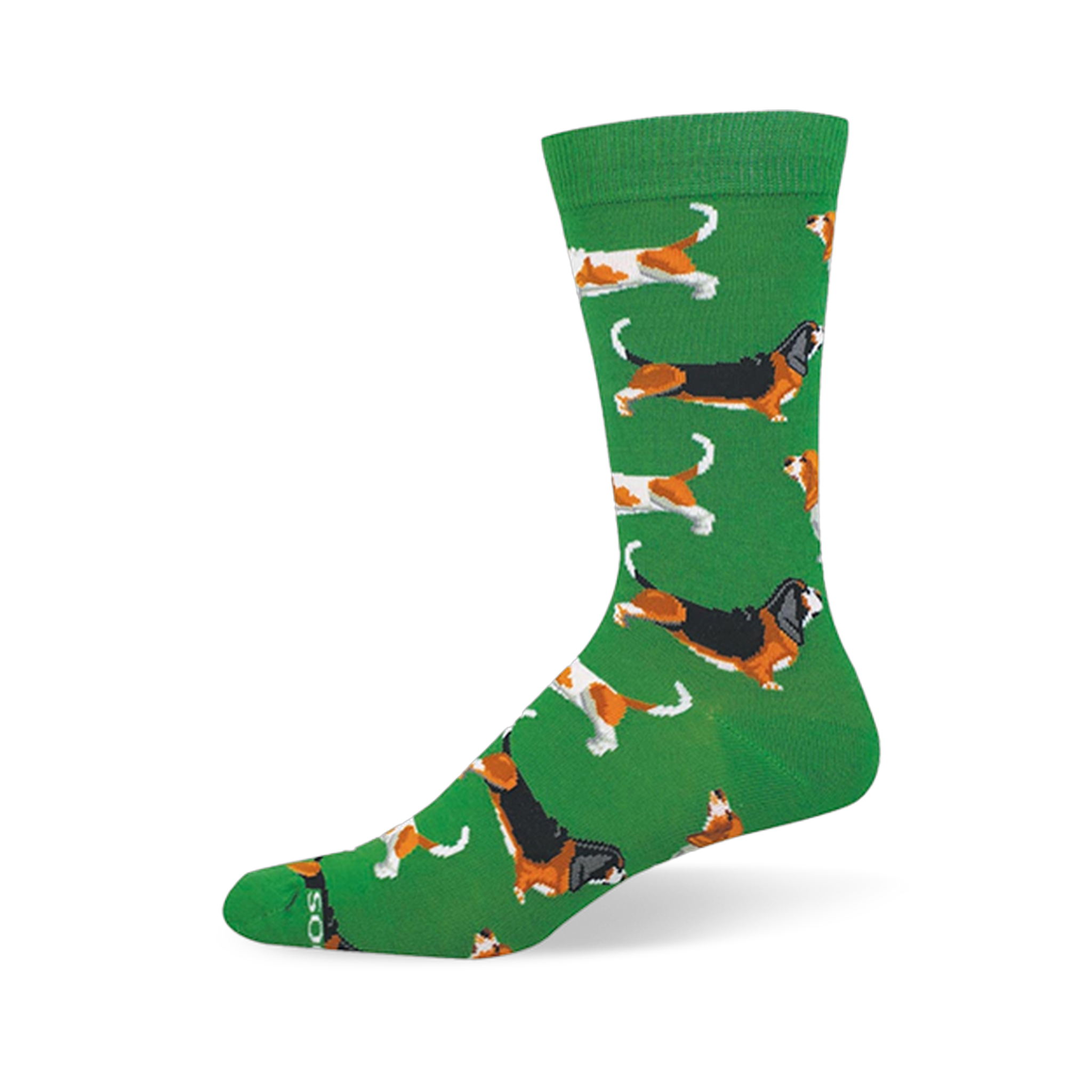 Green crew sock featuring a repeating pattern of long basset hounds in tricolor and brown-and-white coat variations.