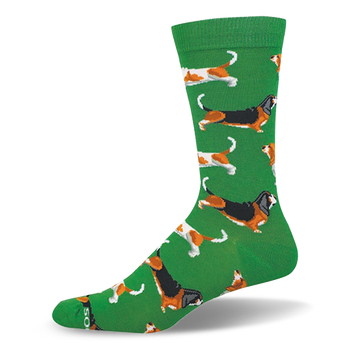 Green crew sock featuring a repeating pattern of long basset hounds in tricolor and brown-and-white coat variations.