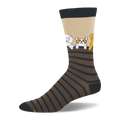 Tan bamboo sock with black and brown stripes. Dogs including a poodle and corgi are shown peeking over the top stripe.