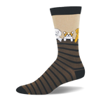 Tan bamboo sock with black and brown stripes. Dogs including a poodle and corgi are shown peeking over the top stripe.