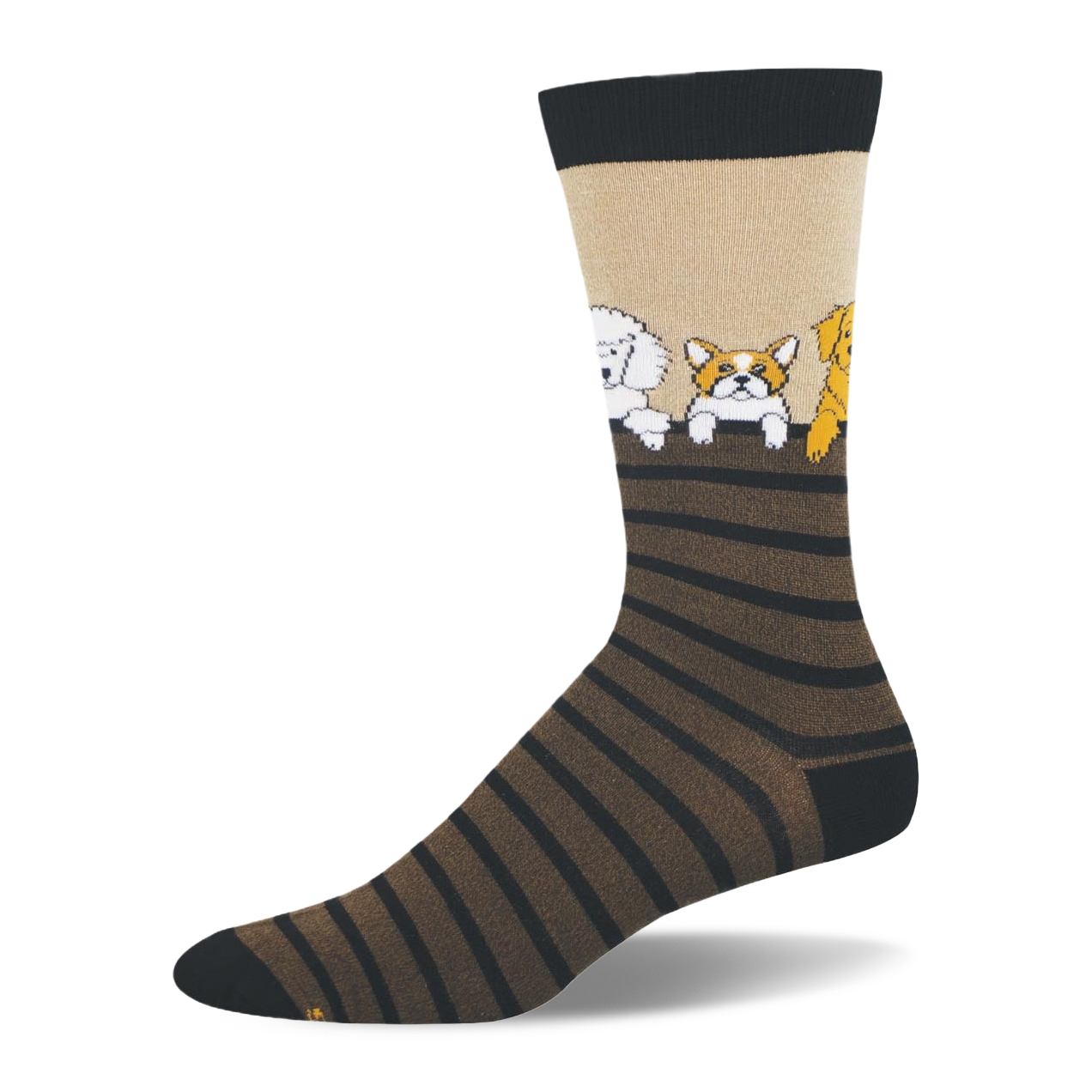 Tan bamboo sock with black and brown stripes. Dogs including a poodle and corgi are shown peeking over the top stripe.