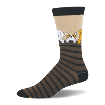 Tan bamboo sock with black and brown stripes. Dogs including a poodle and corgi are shown peeking over the top stripe.