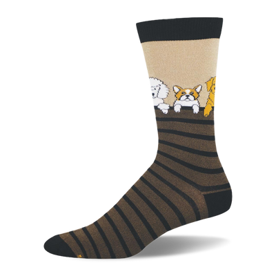 Tan bamboo sock with black and brown stripes. Dogs including a poodle and corgi are shown peeking over the top stripe.