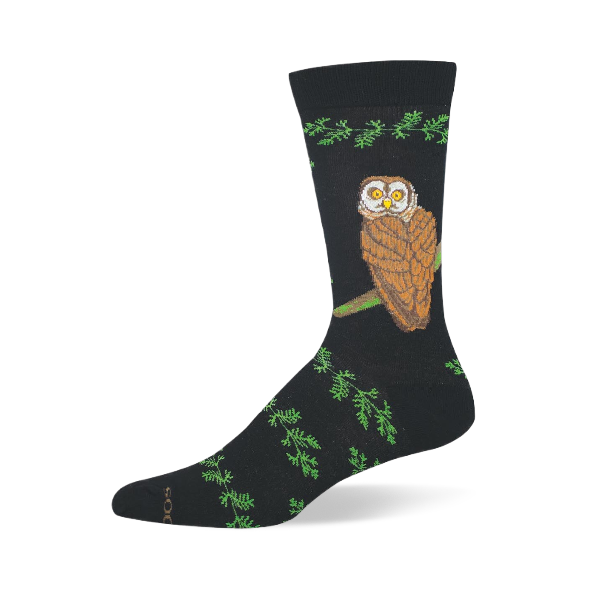 Black bamboo crew sock featuring a large brown owl with yellow eyes perched on a branch, bordered by green leafy patterns.