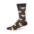 Black bamboo crew sock covered in classic clown faces, floating red balloons, small yellow stars, and solid dark trim.