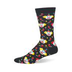 Black bamboo crew sock covered in classic clown faces, floating red balloons, small yellow stars, and solid dark trim.