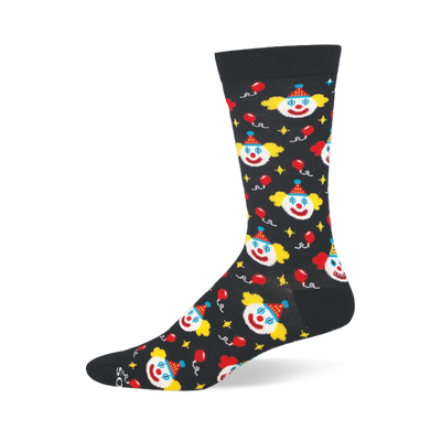 Black bamboo crew sock covered in classic clown faces, floating red balloons, small yellow stars, and solid dark trim.