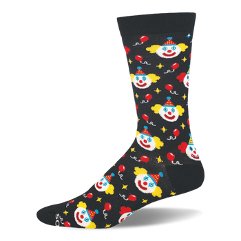 Black bamboo crew sock covered in classic clown faces, floating red balloons, small yellow stars, and solid dark trim.