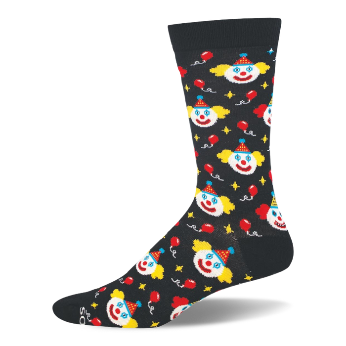 Black bamboo crew sock covered in classic clown faces, floating red balloons, small yellow stars, and solid dark trim. }}