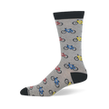 Heather grey crew sock with black cuff, heel, and toe. The pattern features small road bicycles in multiple bright colors.