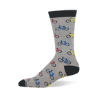 Heather grey crew sock with black cuff, heel, and toe. The pattern features small road bicycles in multiple bright colors.