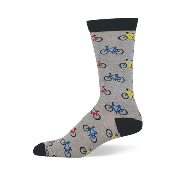 Heather grey crew sock with black cuff, heel, and toe. The pattern features small road bicycles in multiple bright colors.