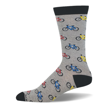 Heather grey crew sock with black cuff, heel, and toe. The pattern features small road bicycles in multiple bright colors.