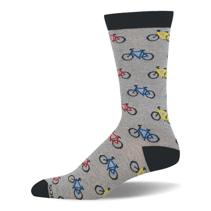 Heather grey crew sock with black cuff, heel, and toe. The pattern features small road bicycles in multiple bright colors. }}