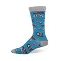 Blue bamboo sock with grey accents featuring an 8-bit pattern of red race cars, checkered flags, tires, and cones.