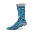 Blue bamboo sock with grey accents featuring an 8-bit pattern of red race cars, checkered flags, tires, and cones.