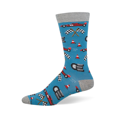 Blue bamboo sock with grey accents featuring an 8-bit pattern of red race cars, checkered flags, tires, and cones.