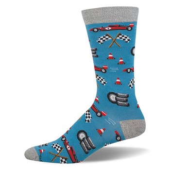 Blue bamboo sock with grey accents featuring an 8-bit pattern of red race cars, checkered flags, tires, and cones.