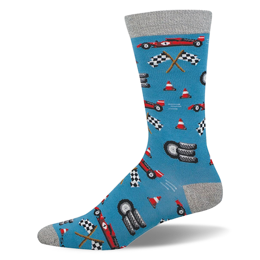 Blue bamboo sock with grey accents featuring an 8-bit pattern of red race cars, checkered flags, tires, and cones. }}