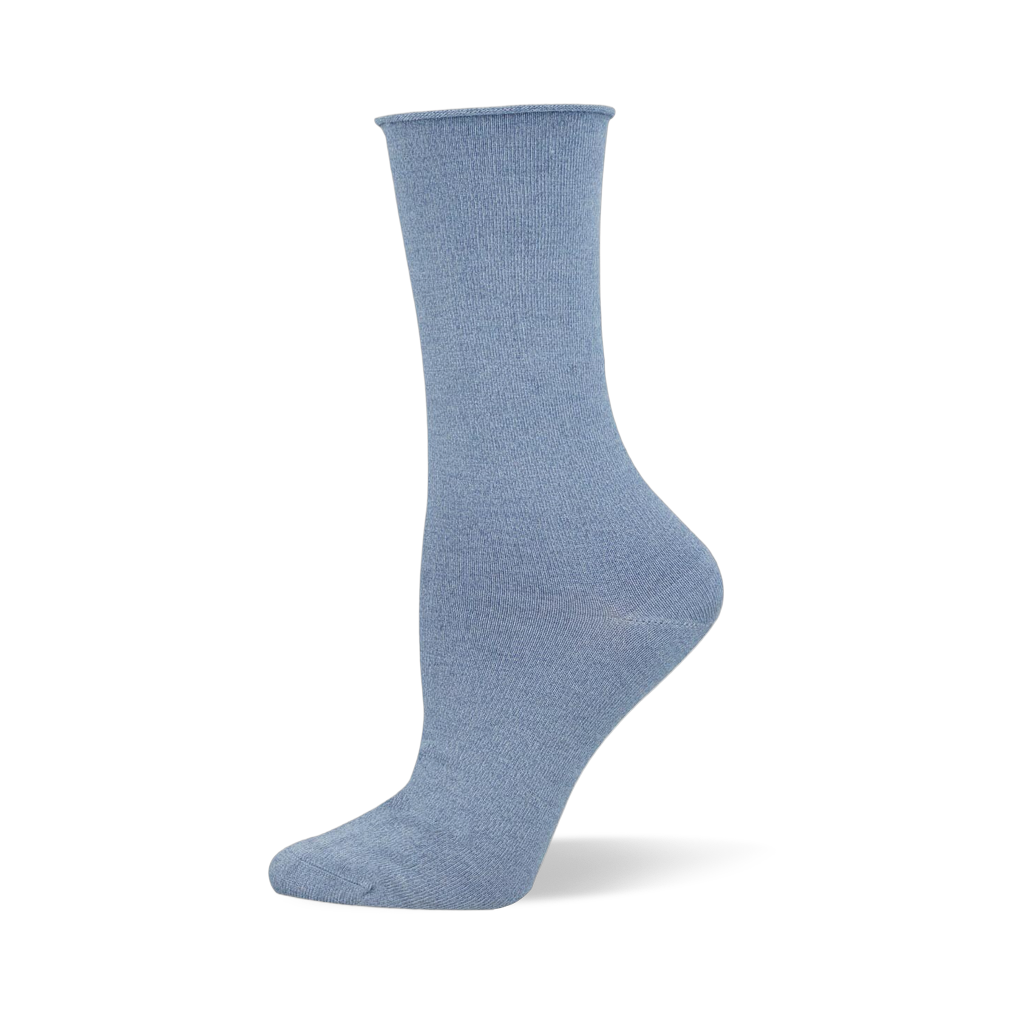 Solid heathered light blue bamboo crew sock with a roll-top cuff, displayed on a mannequin foot.