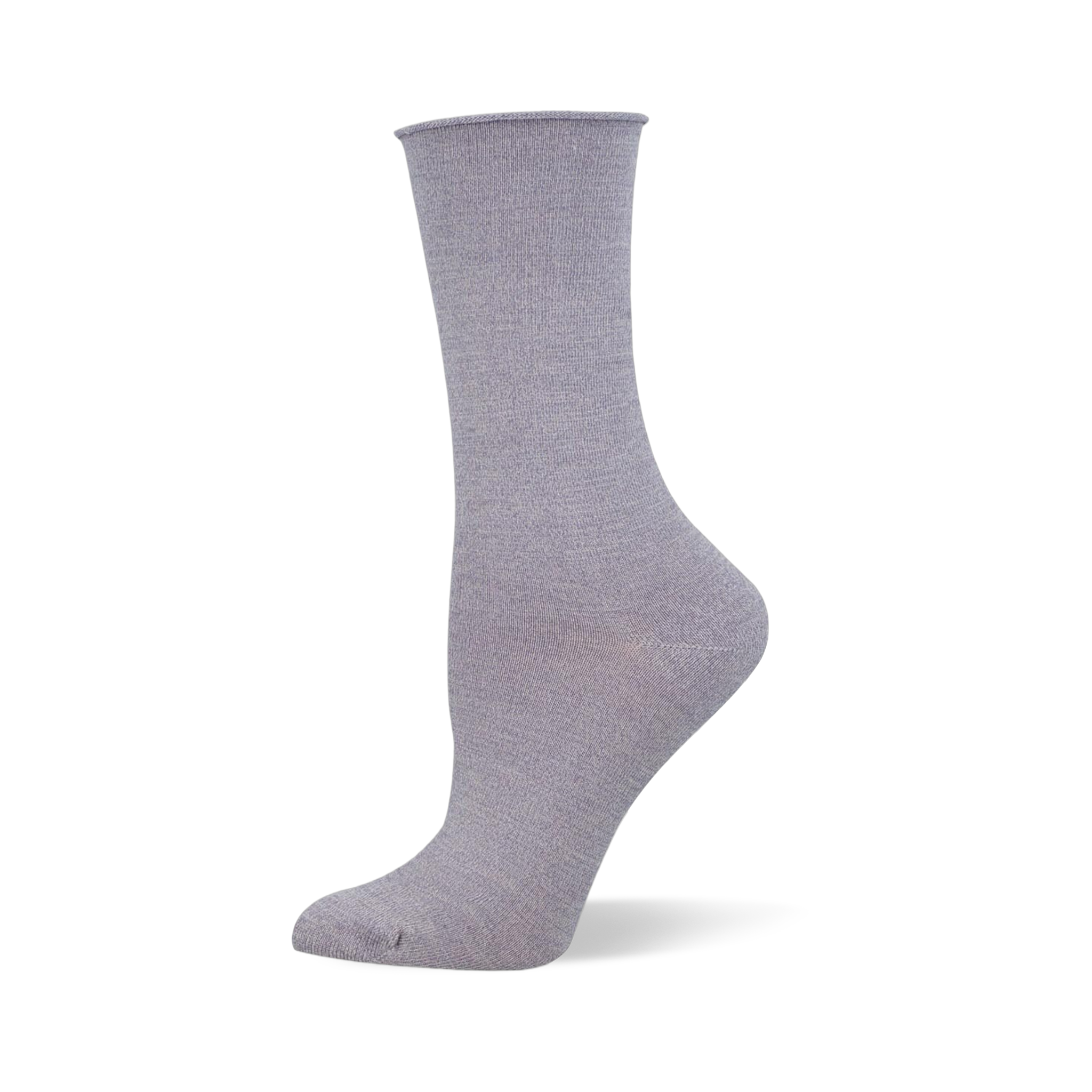 Solid black crew sock made of bamboo fabric with a relaxed roll-top cuff, displayed on a mannequin foot.