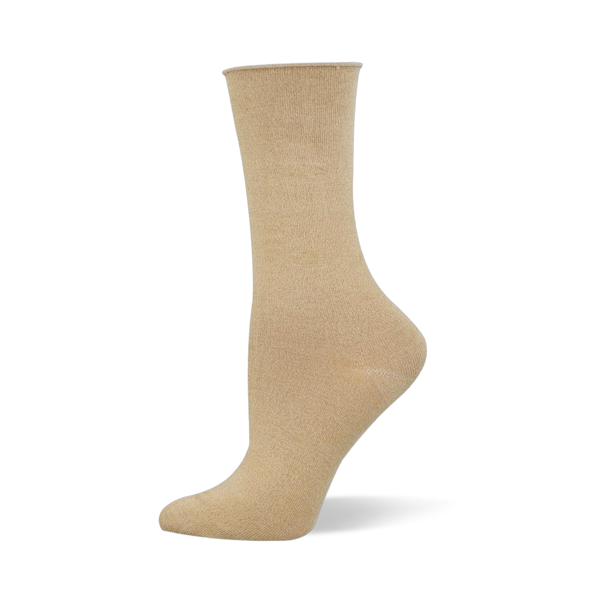 Solid black crew sock made of bamboo fabric with a relaxed roll-top cuff, displayed on a mannequin foot.