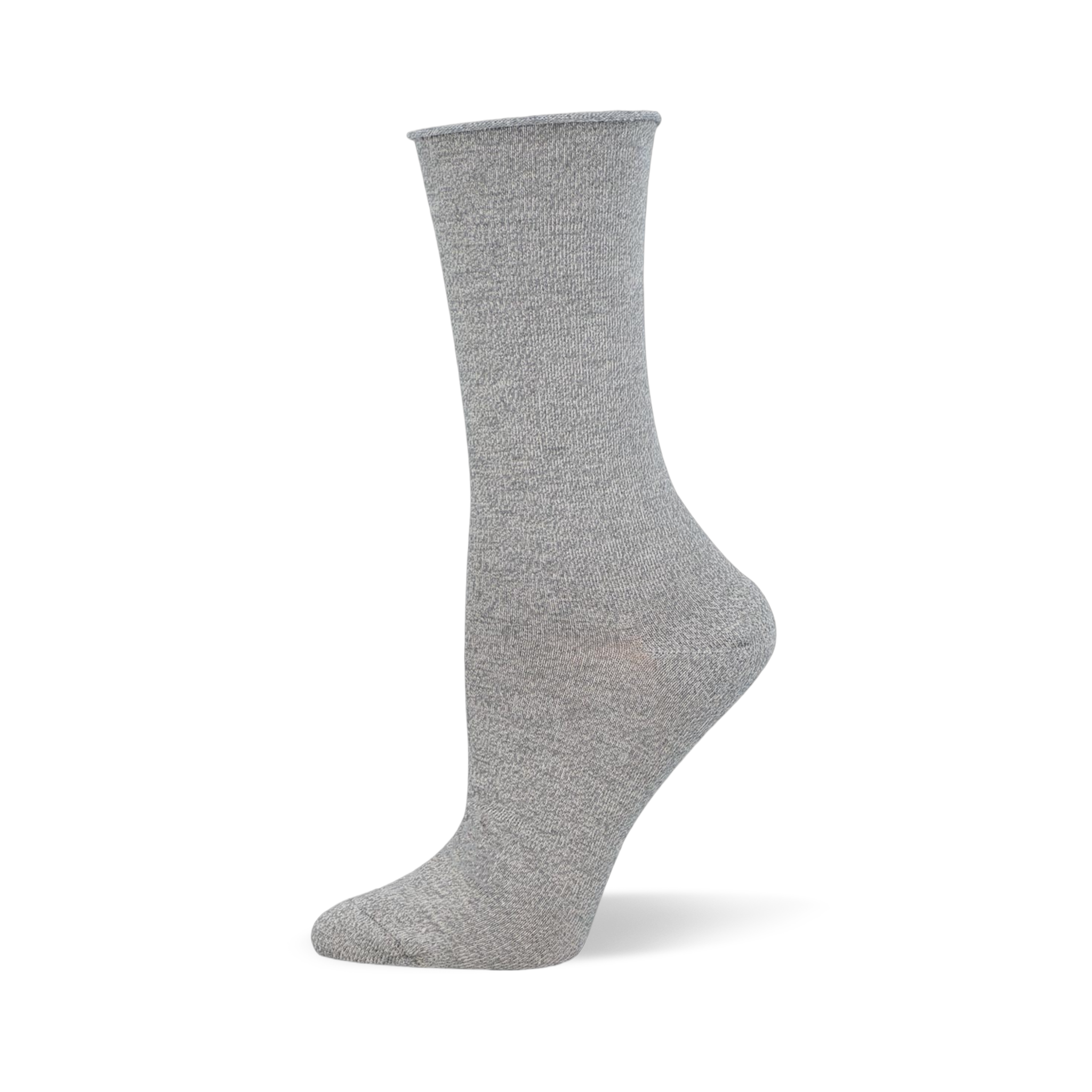 Solid black crew sock made of bamboo fabric with a relaxed roll-top cuff, displayed on a mannequin foot.