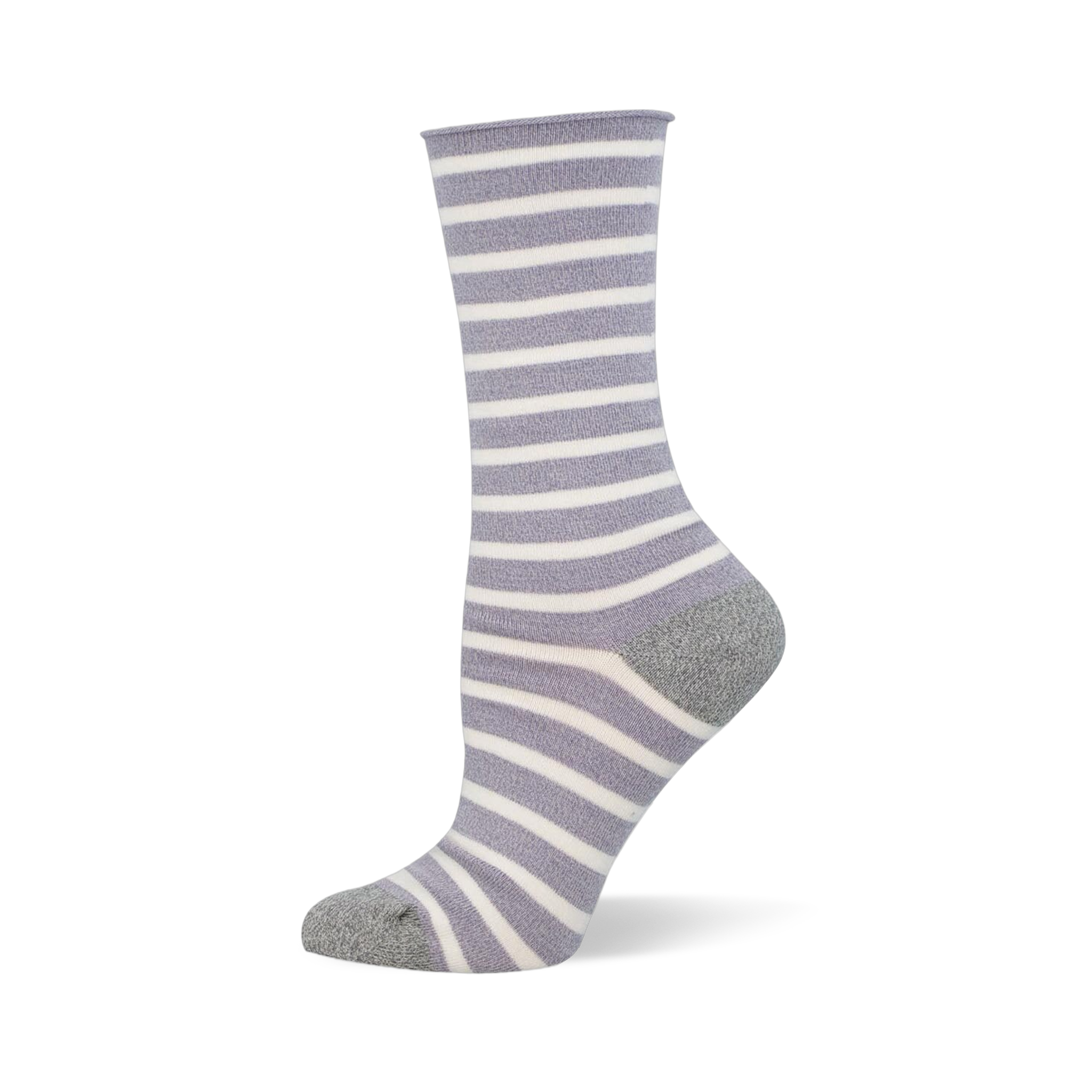 Bamboo crew sock with lavender and white sailor stripes, grey heel and toe.