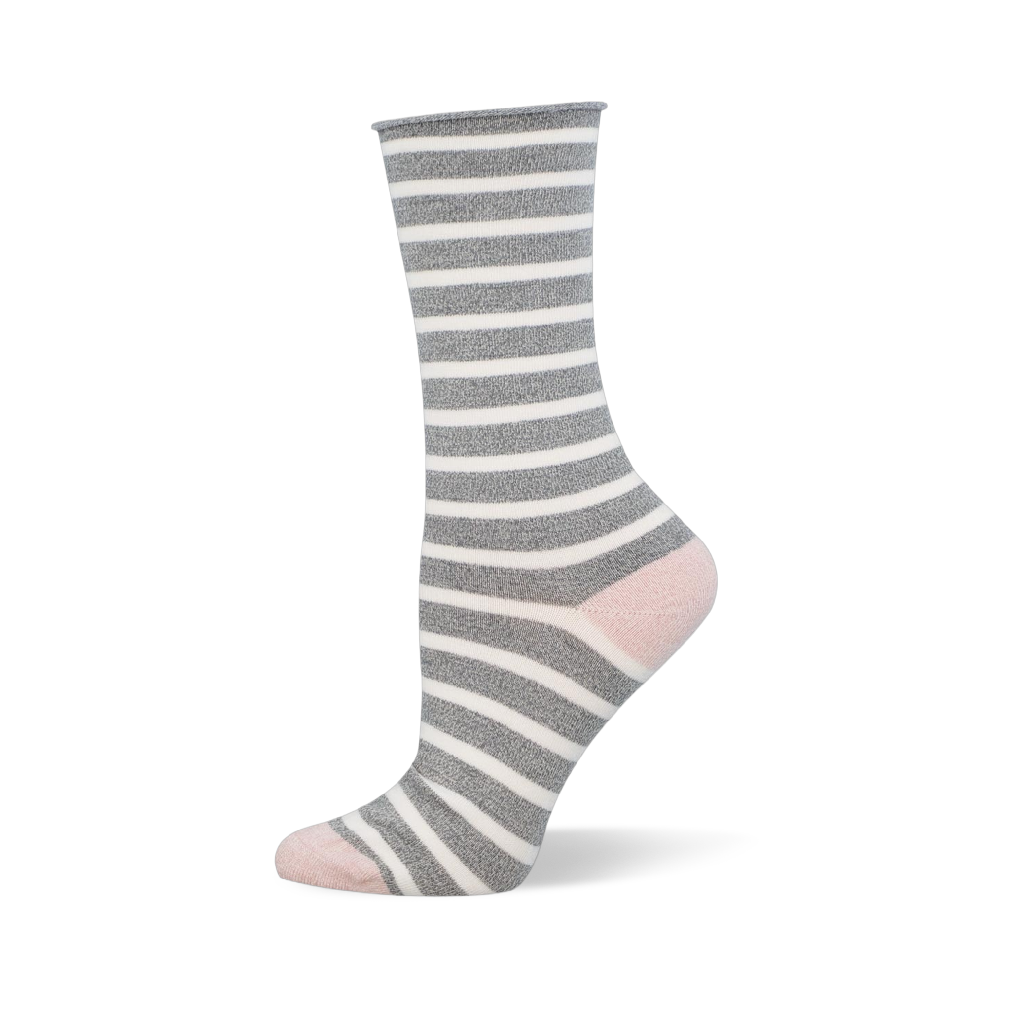 Gray and white striped bamboo sock with a pop of pink on the heel and toe.
