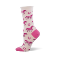 Crew sock with a pale cream background, bright pink pixelated horses, scattered horseshoes, and solid pink heels and toes.