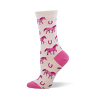 Crew sock with a pale cream background, bright pink pixelated horses, scattered horseshoes, and solid pink heels and toes.