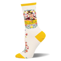 Cream crew sock featuring bright yellow accents, a framed Frida Kahlo portrait, and a trail of red floral vines.