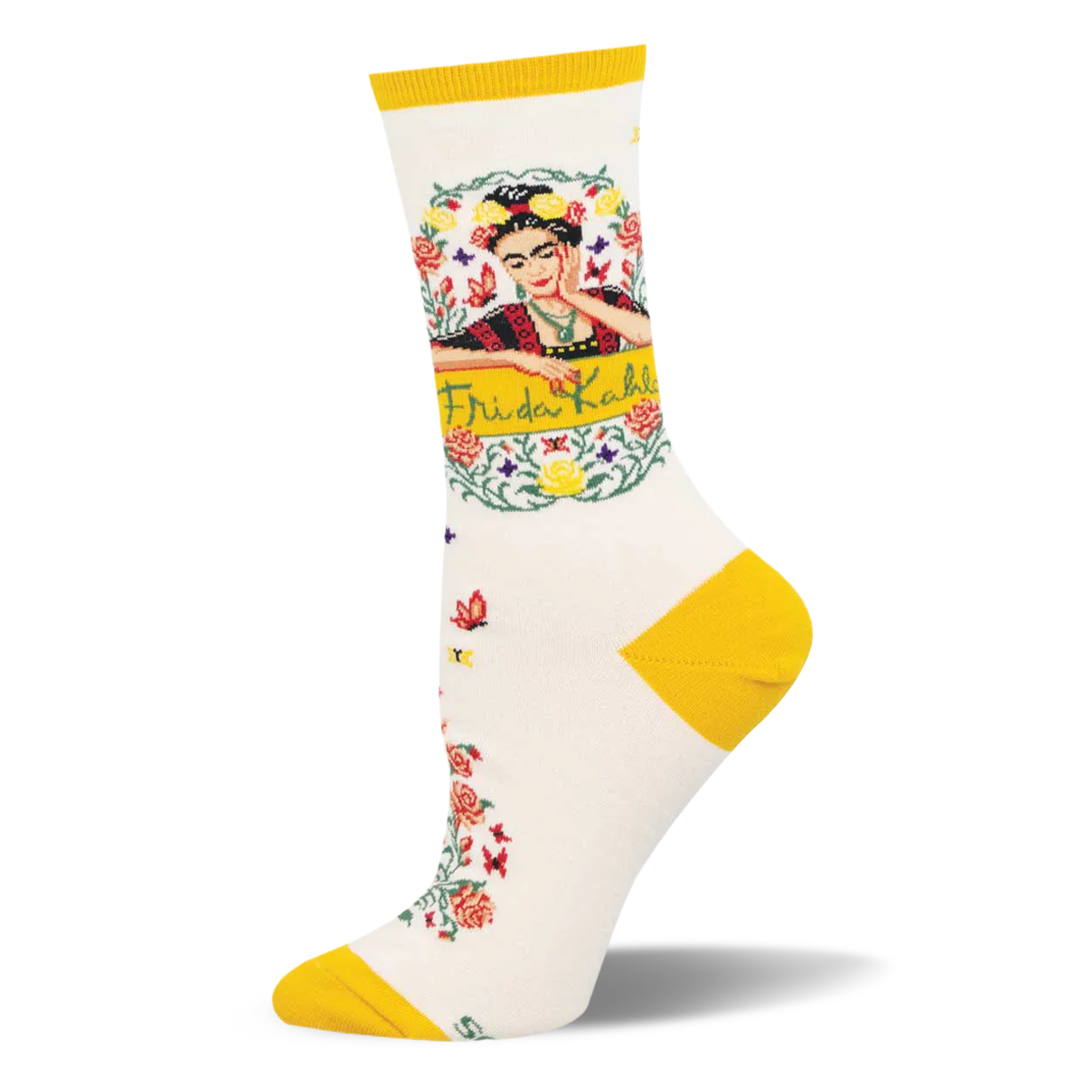 Cream crew sock featuring bright yellow accents, a framed Frida Kahlo portrait, and a trail of red floral vines.