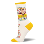 Cream crew sock featuring bright yellow accents, a framed Frida Kahlo portrait, and a trail of red floral vines.