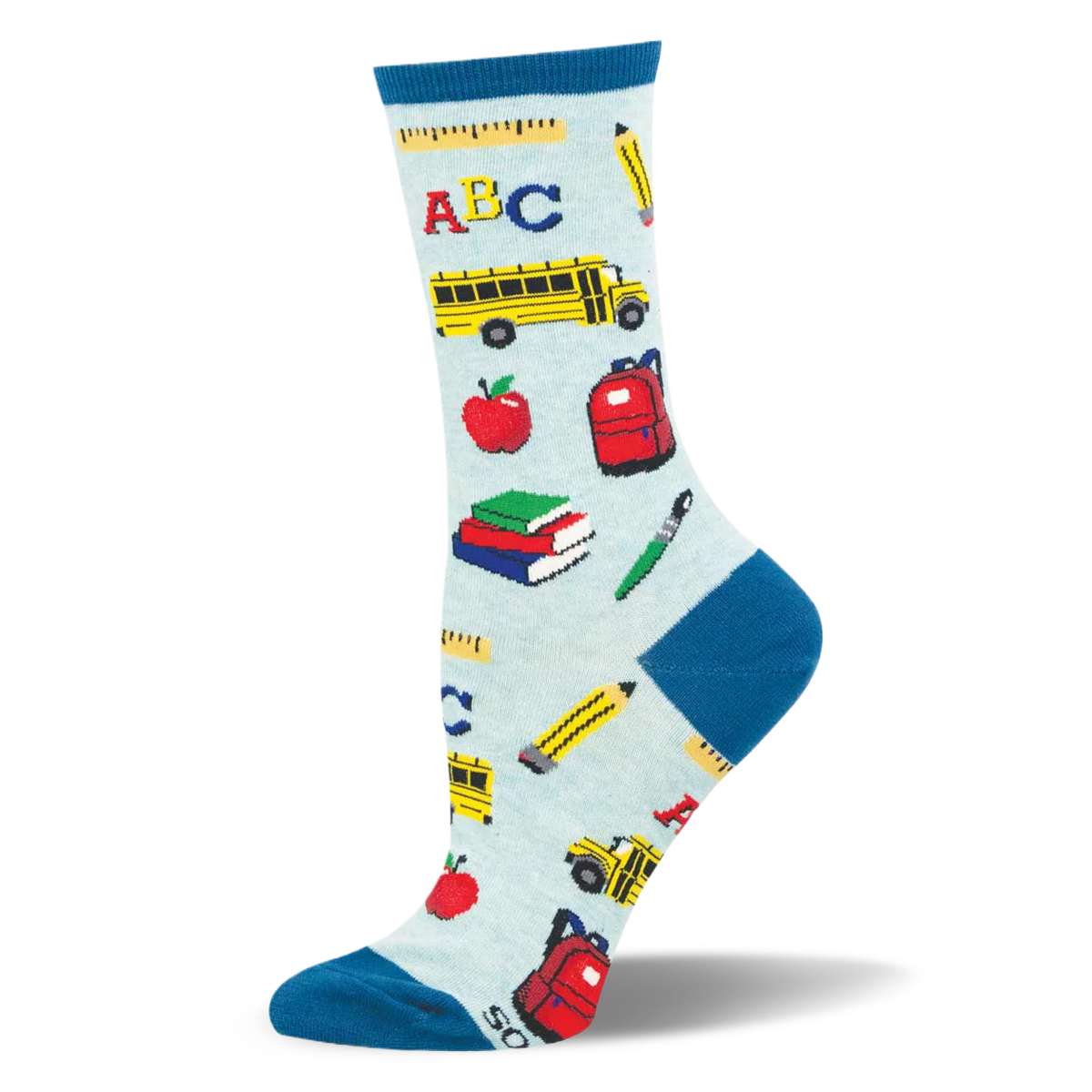 Light blue socks with teal accents, covered in a pattern of school buses, red apples, books, and pencils.