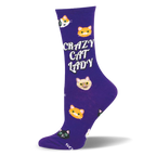 Dark purple crew sock with bold white CRAZY CAT LADY text, surrounded by scattered feline faces like tabby and calico cats.