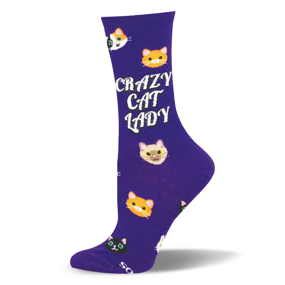 Dark purple crew sock with bold white CRAZY CAT LADY text, surrounded by scattered feline faces like tabby and calico cats.