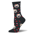 Black crew socks covered in a pattern of fawn pug dog faces mixed with red and pink lipstick kiss marks.