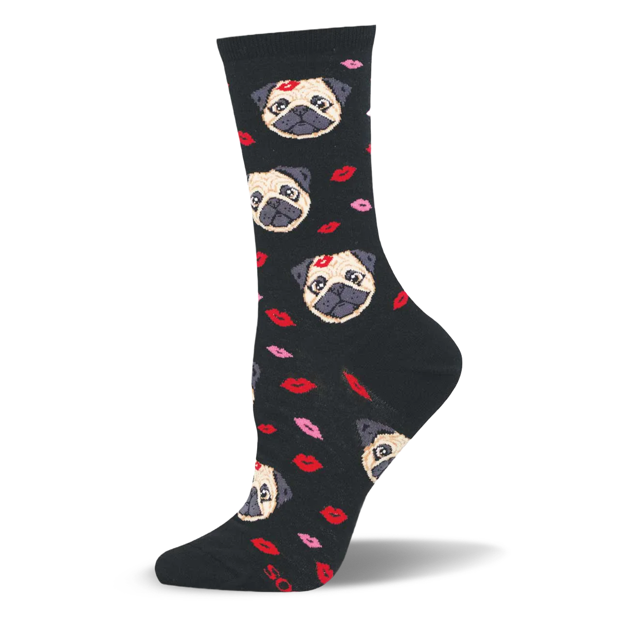 Black crew socks covered in a pattern of fawn pug dog faces mixed with red and pink lipstick kiss marks.