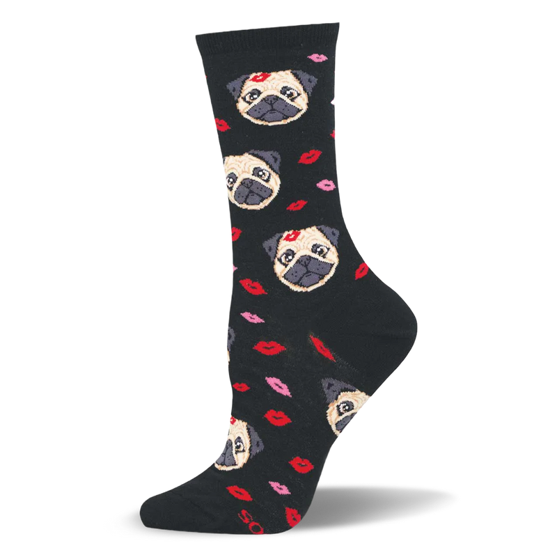 Black crew socks covered in a pattern of fawn pug dog faces mixed with red and pink lipstick kiss marks.