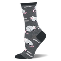 Dark grey crew sock with black toe, heel, and cuff, covered in a pattern of screaming possums and white AHHH! text.