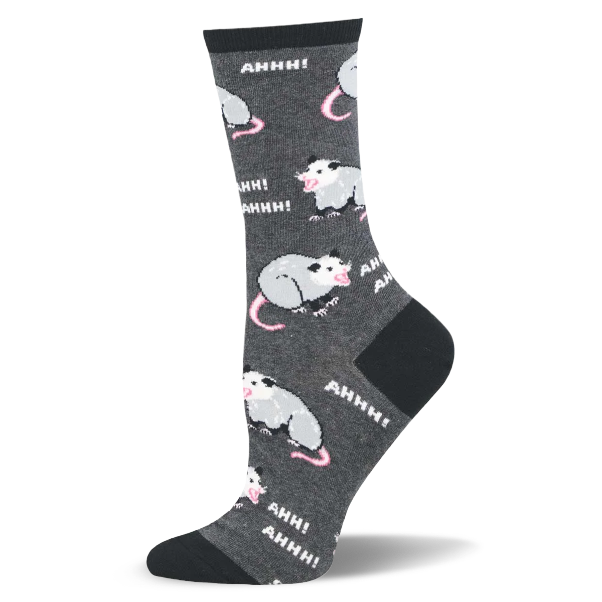 Dark grey crew sock with black toe, heel, and cuff, covered in a pattern of screaming possums and white AHHH! text.