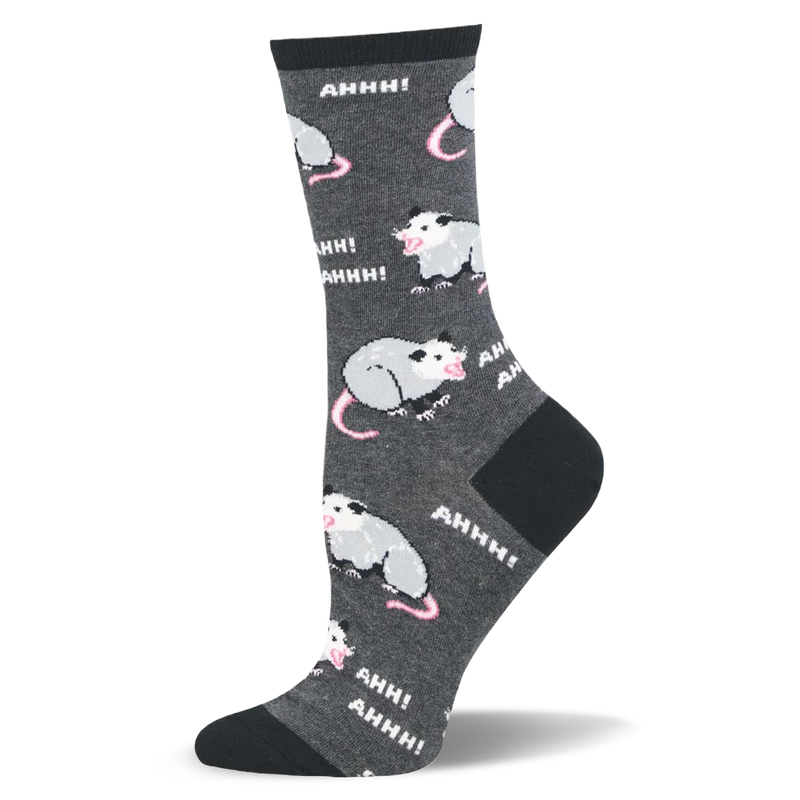 Dark grey crew sock with black toe, heel, and cuff, covered in a pattern of screaming possums and white AHHH! text.