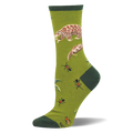 Olive green crew socks showing brown scaly pangolins and red ants, finished with a dark green heel and toe.