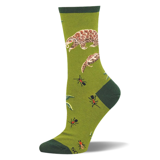 Olive green crew socks showing brown scaly pangolins and red ants, finished with a dark green heel and toe.