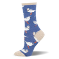 Heather blue crew sock featuring a repeating plover bird pattern with orange legs, complete with contrasting sandy beige trim.