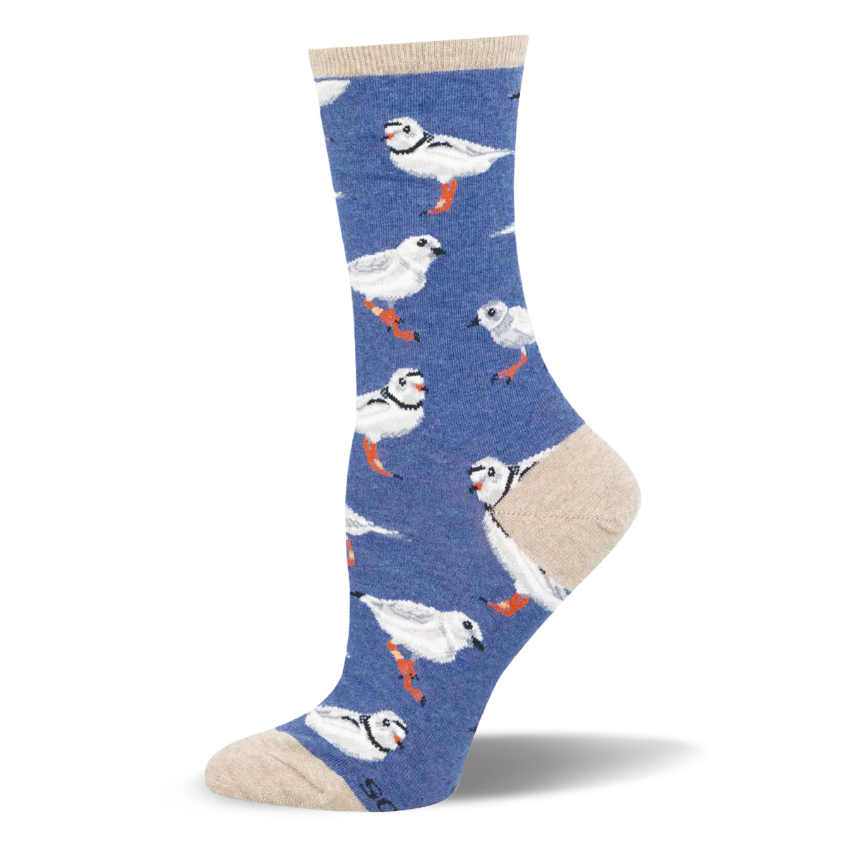 Heather blue crew sock featuring a repeating plover bird pattern with orange legs, complete with contrasting sandy beige trim.