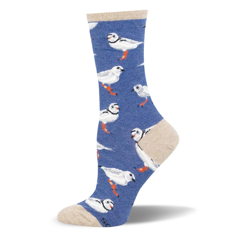 Heather blue crew sock featuring a repeating plover bird pattern with orange legs, complete with contrasting sandy beige trim.