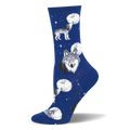 Blue crew sock featuring grey wolves howling at full moons, a wolf staring forward, white stars, and pine tree silhouettes.