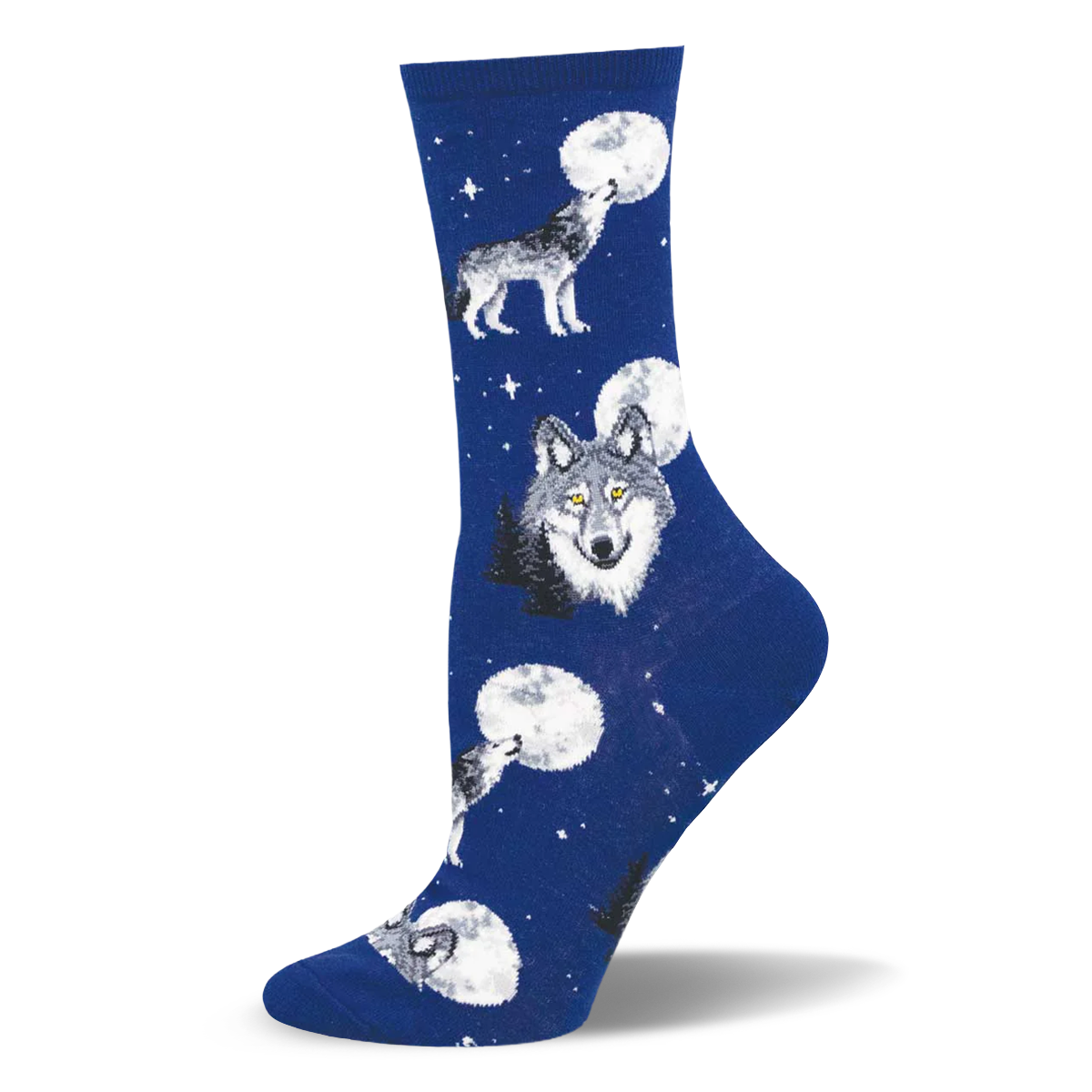 Blue crew sock featuring grey wolves howling at full moons, a wolf staring forward, white stars, and pine tree silhouettes.